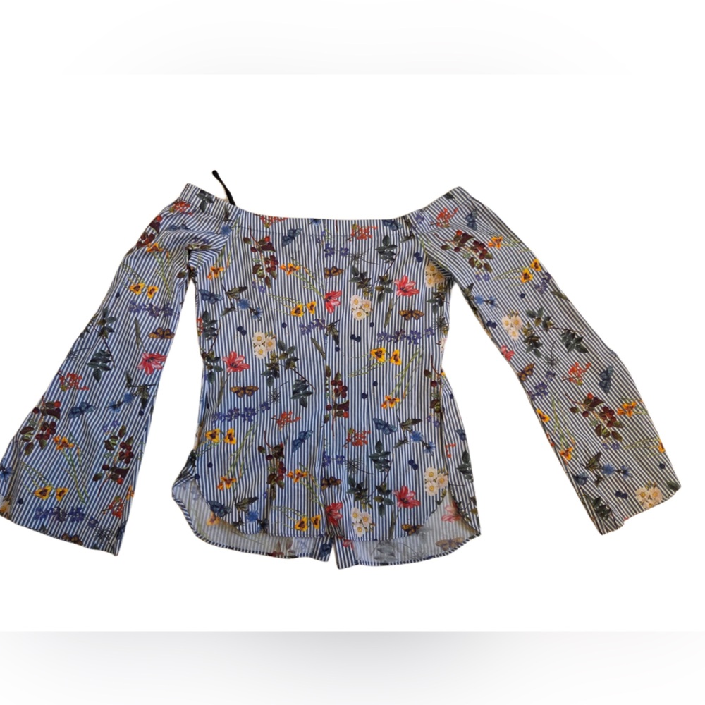 Anthropologie Striped Floral Off-Shoulder Top - Blue and Multicolor - Picture 2 of 7